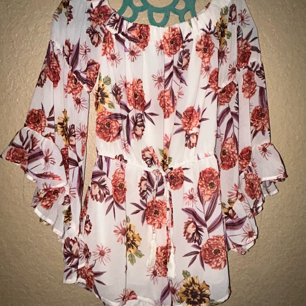 Blush Cream Ruffled Romper with 3/4 Bell Sleeves